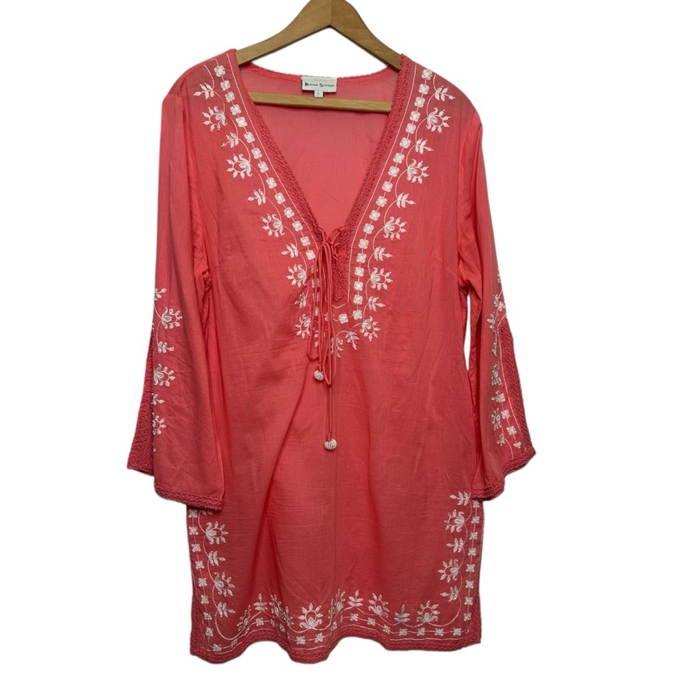 Rhona Sutton 3/4 Sleeve Top Pink Solid Plunge Tops Large